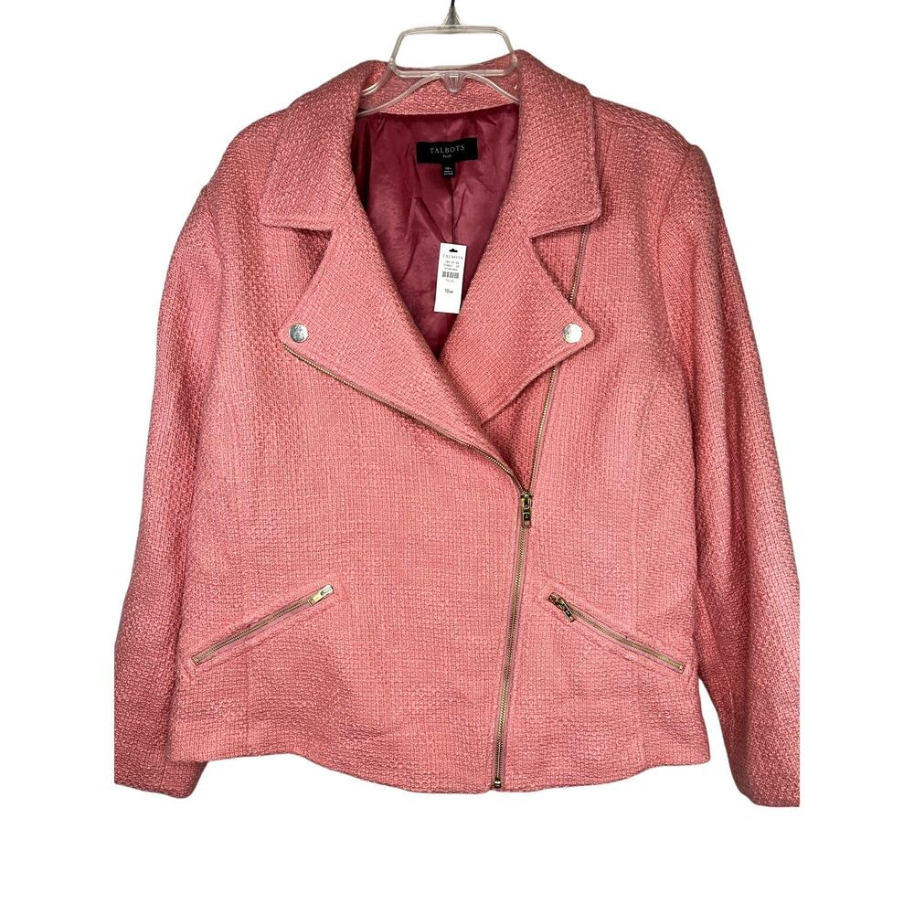 Talbots tweed moto jacket, salmon pink, size 18W, NWT